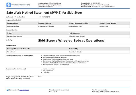 skid steer safe work method statement